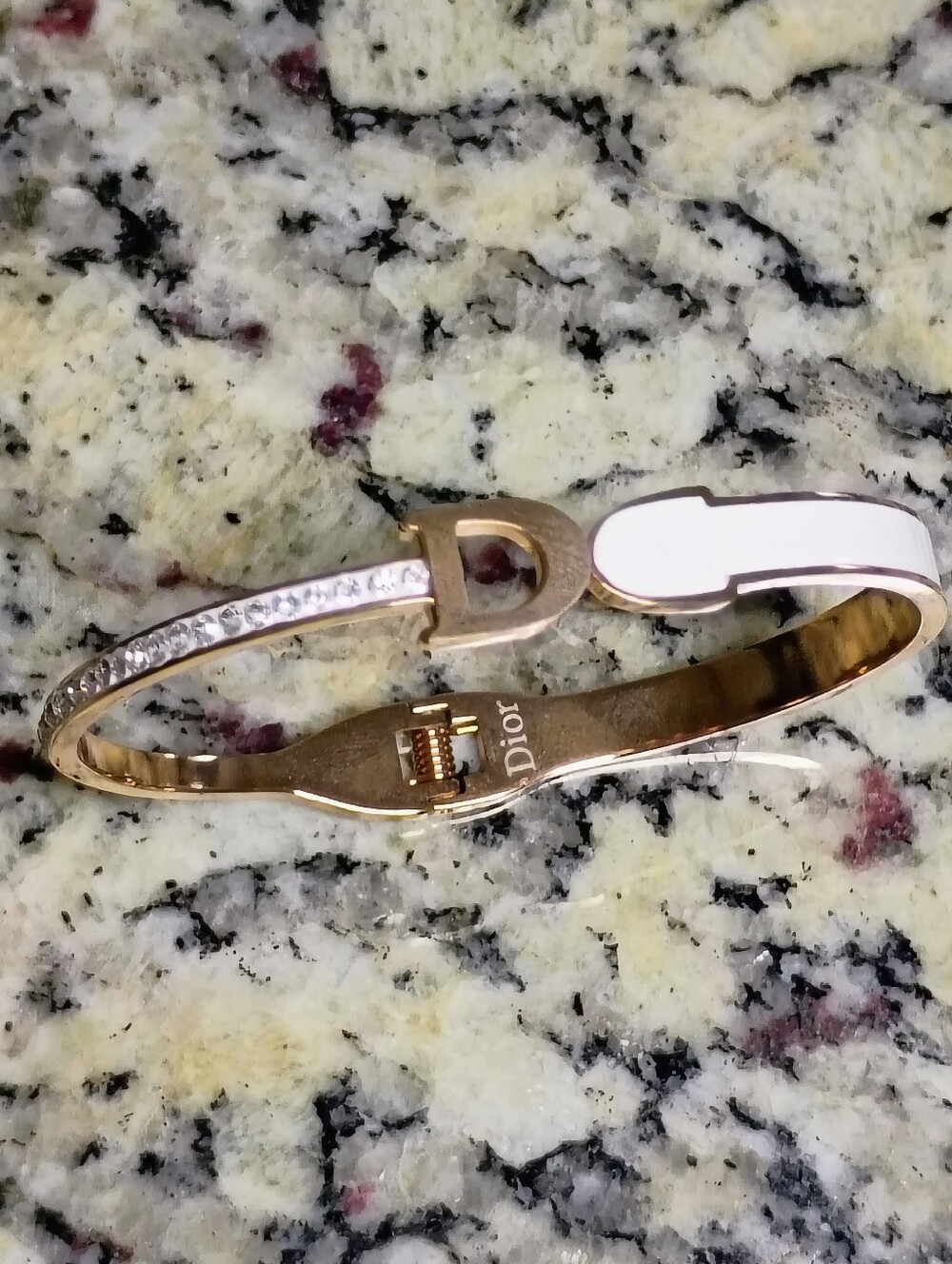 New White Enamel & Gold-Tone 'D' Crystal Accent Bangle Bracelet